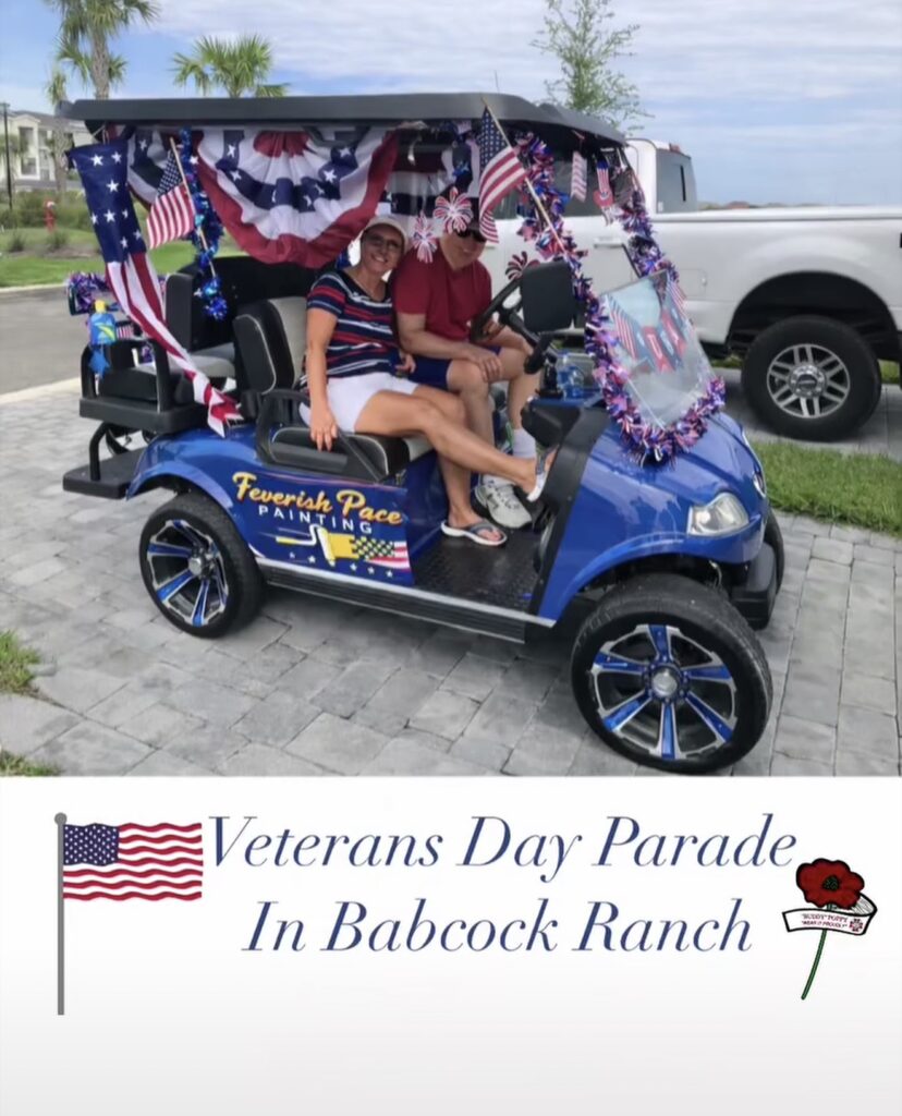 OHN AND DEBBIANN HABERKERN OF FEVERISH PACE PAINTING in Babcock Ranch community golf cart parade