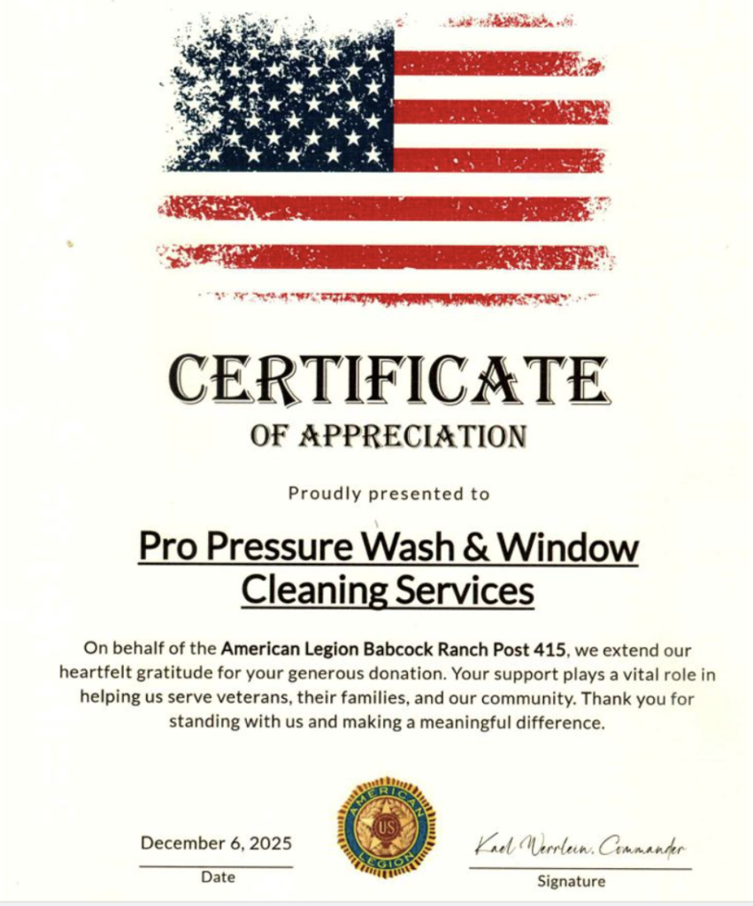 Pro Pressure Wash and Window Cleaning Services supports American Legion Babcock Ranch